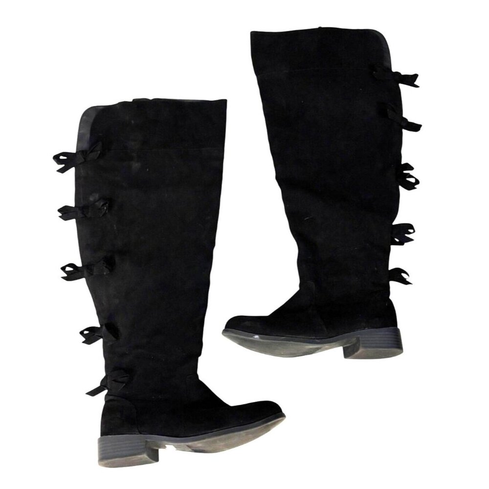 Black Over-The-Knee Boots Bow Details Zipper Closure Sz 7W